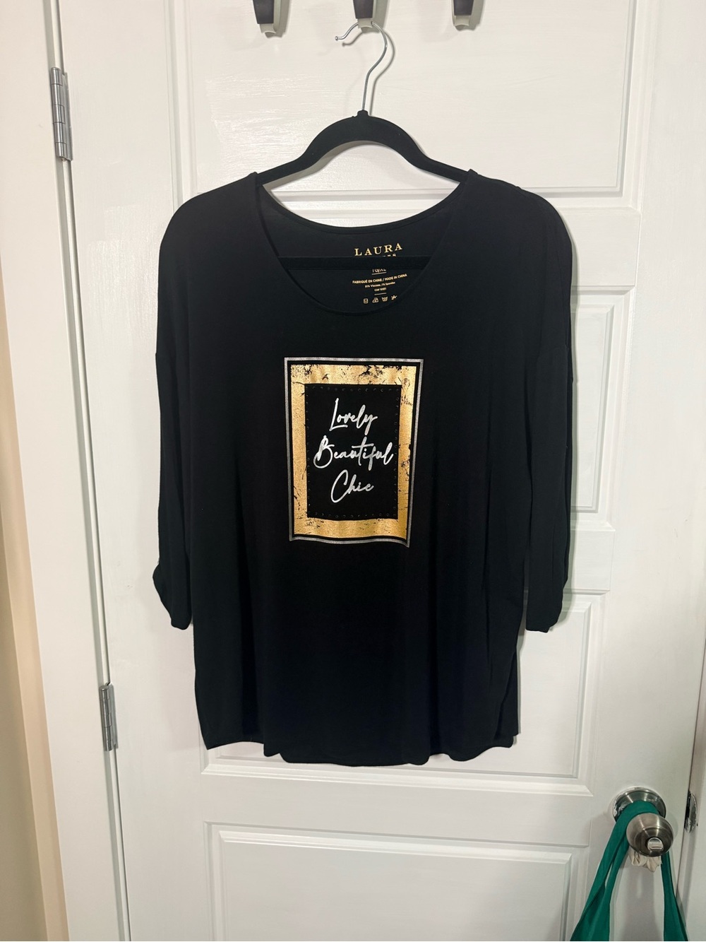 Laura Black Women's Printed Scoop Neck Top with Gold Accent so soft Tensil